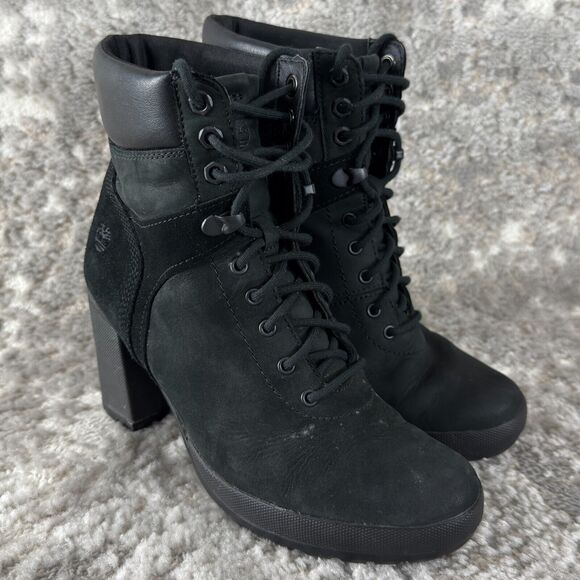 Timberland Sz 7.5 Camdale Leather Boots Block Heel Ankle Booties Lace-Up - Picture 1 of 9